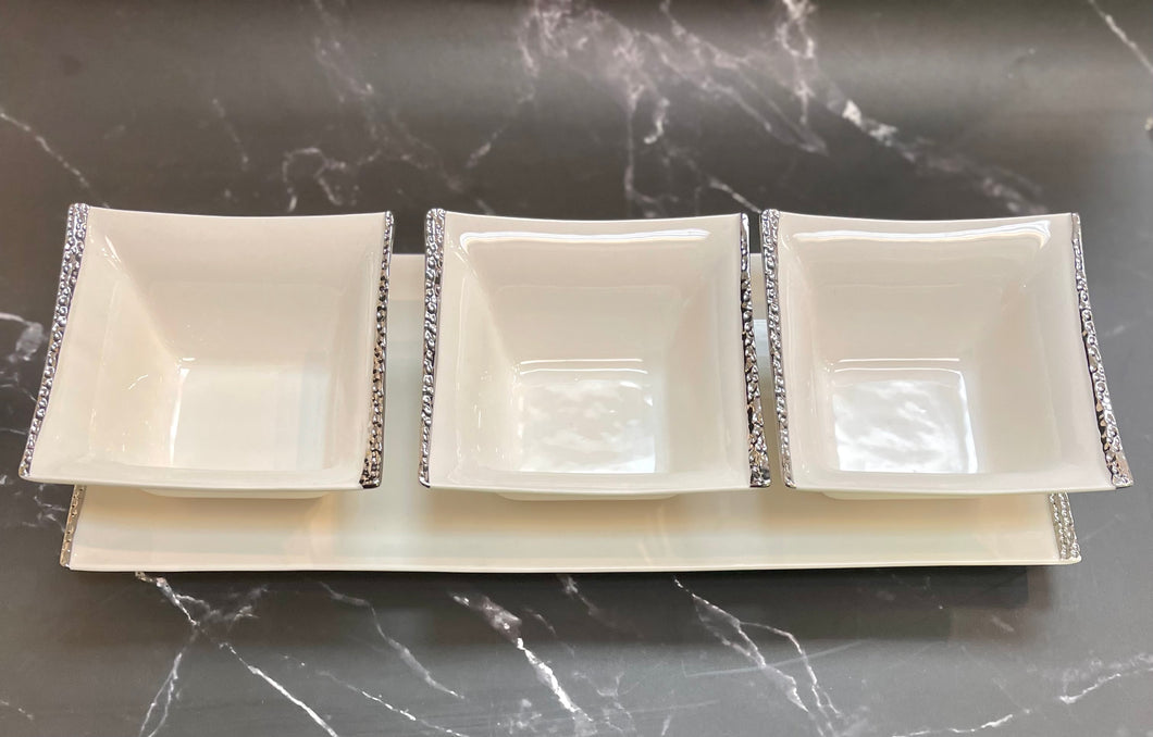 4 Pieces Set  Platter With Bowls ,White /silver