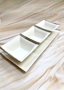 4 Pieces Set Platter With Bowls ,White /Gold