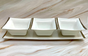 4 Pieces Set Platter With Bowls ,White /Gold