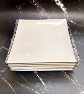Desert Plates set(6 PC) White Porcelain 8" With Silver Rim