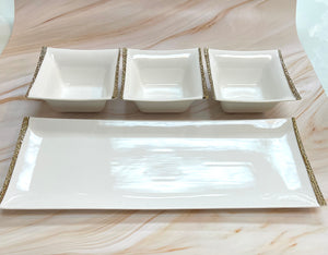 4 Pieces Set Platter With Bowls ,White /Gold